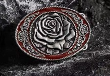 New Western Americana Red Rose Floral Design Belt Buckle Oval silver