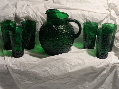 Vintage Anchor Hocking Lido Milano Green Glass Pitcher & 6 Tumblers Set Glasses
