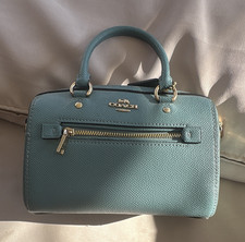 Coach Blue Pebbled Satchel Top Handle Bag Zip Closure w/ Charm Gold Hardware