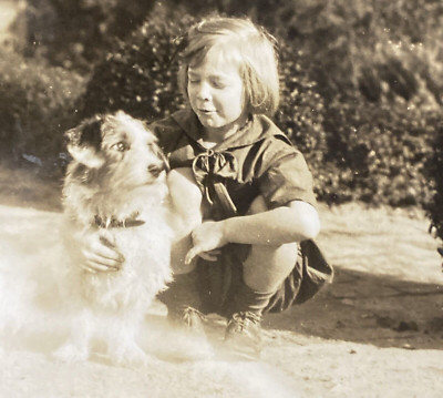 1920s Cute Little Girl & Small Dog Puppy Sitting on Ground Original Photo P17g12