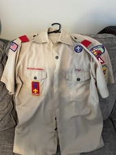 Boy Scouts of America BSA Men's Shirt Tan LARGE Patches Short Sleeve