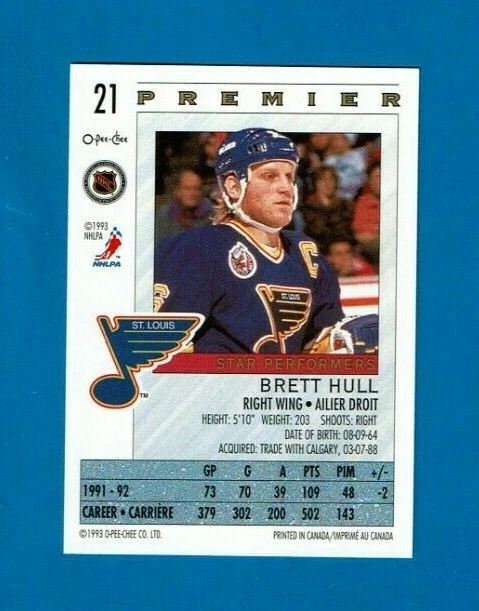 1992-93 O-PEE-CHEE Premier STAR PERFORMERS Insert #21 Brett Hull ST. LOUIS BLUES - Image 3 of 3