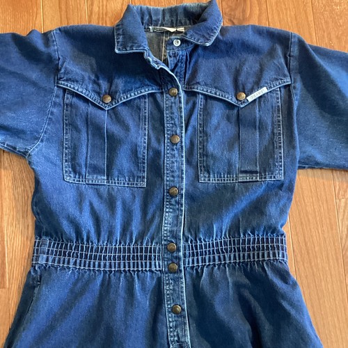 Vtg DREAMS Denim Dress Western M Snap Front Cottage Midi Retro 80s Pockets - Picture 6 of 12