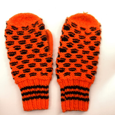 Home knit orange black pattern mittens