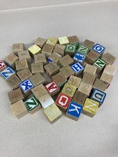 Lot Of 53 Vintage Wooden Toy Blocks Letter Number Animal Picture Alphabet AR340