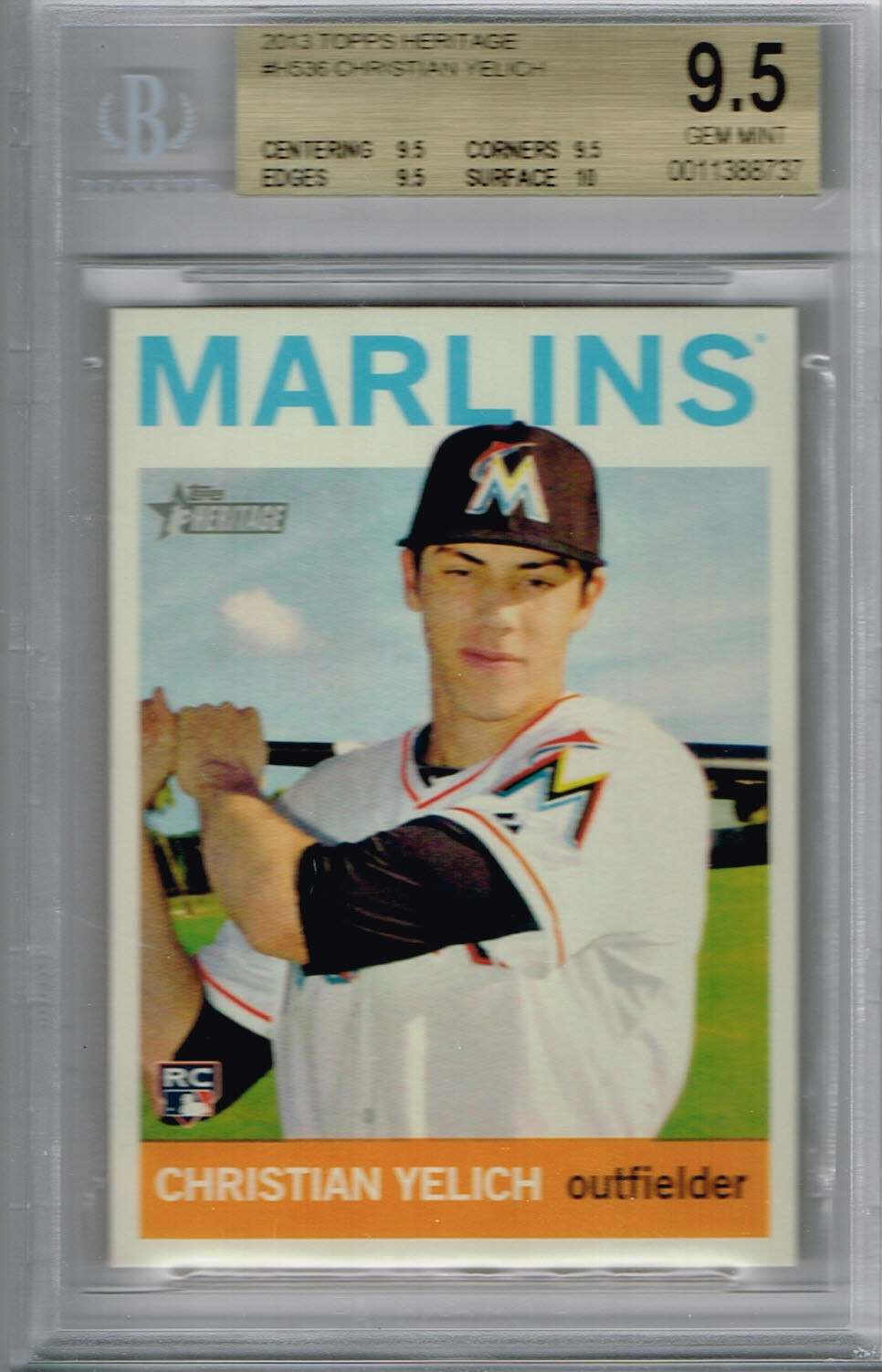 2013 TOPPS HERITAGE HIGH CHRISTIAN YELICH H536 BGS 9.5 10 RC - MILWAUKEE BREWERS