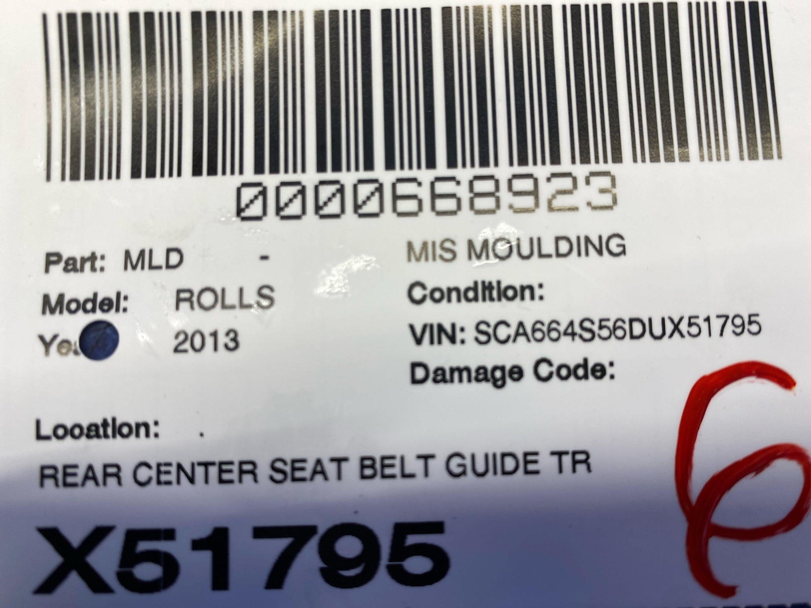 2009-2014 ROLLS ROYCE GHOST REAR CENTER SEAT BELT GUIDE COVER MOULDING 9156142