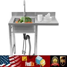 Commercial Kitchen Sink Prep Table with Faucet 304 Stainless Steel 1 Compartment