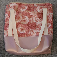 Pink Beige Floral Tote Bag, Zip Closure, Inner Pockets, Bag Charm, Women