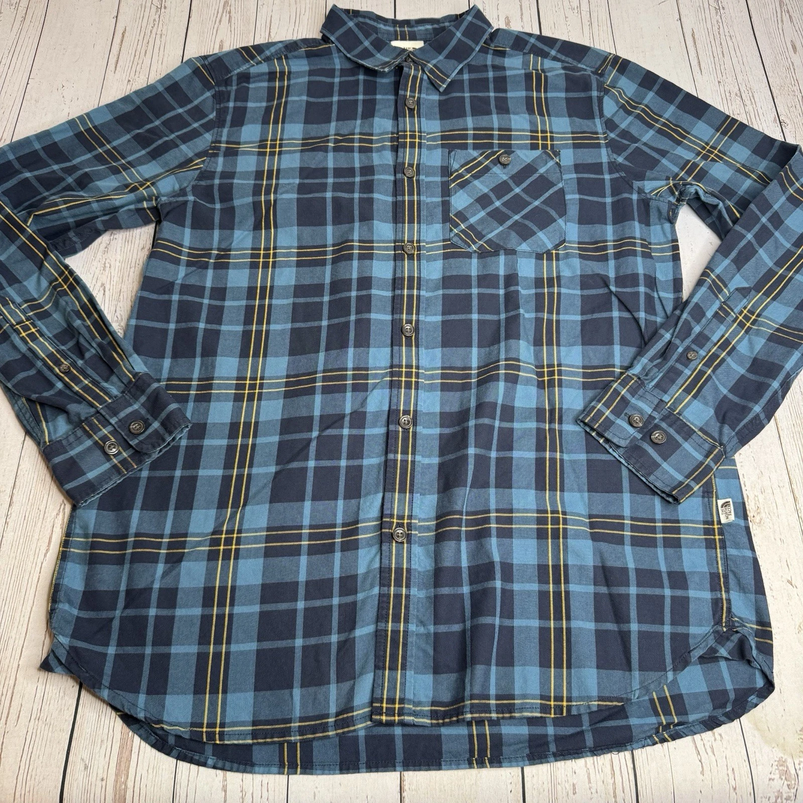 The North Face Long Sleeve Button Down Flannel Plaid Shirt Mens Large Blue Hike