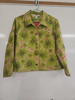 Acorn Pure Silk Button Up Coat Jacket Lined Lightweight Women Size 14 Green Pink