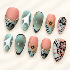 Sage Green Black Press On Nails 3D Floral Rhinestone Abstract Nail Art Set