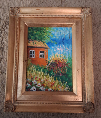 Vintage Palette Knife Oil Painting Barn Wheelbarrow Floral 8X10 Framed Beautiful
