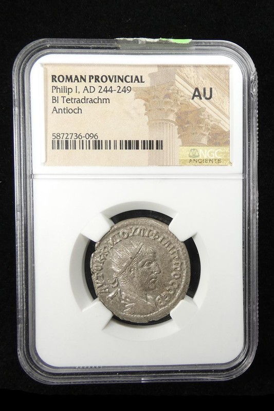 Roman Provincial. Philip I, AD 244-249. BI Tetradrachm. Antioch. NGC AU. #1021