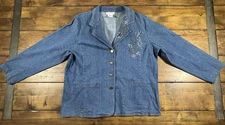 Susan Graver women's blue floral embroidered denim blazer Size XL