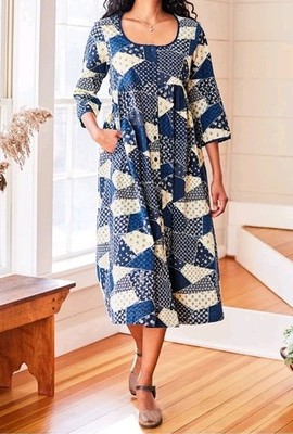 April Cornell Calico Prarie Dress Size L Navy Blue/Ivory Patchwork  Cottage Core