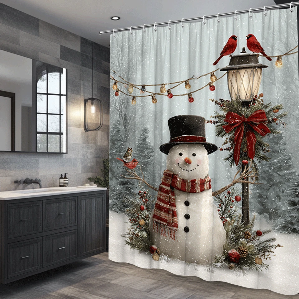 Snowman Christmas Shower Curtain with Lantern, Cardinals, Garland and Pine Decor - Image 4 of 4