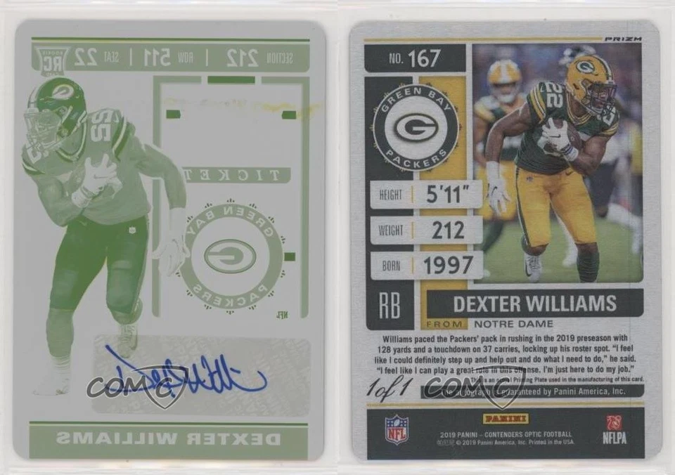 2019 Panini Contenders Optic Ticket 1/1 Dexter Williams #167 Rookie Auto RC a8r - Image 3 of 3