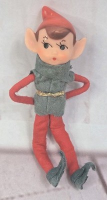 Vintage Pixie Elf Knee Hugger Sitter Rubber Face Red Grey Outfit Japan 5.5'' Long