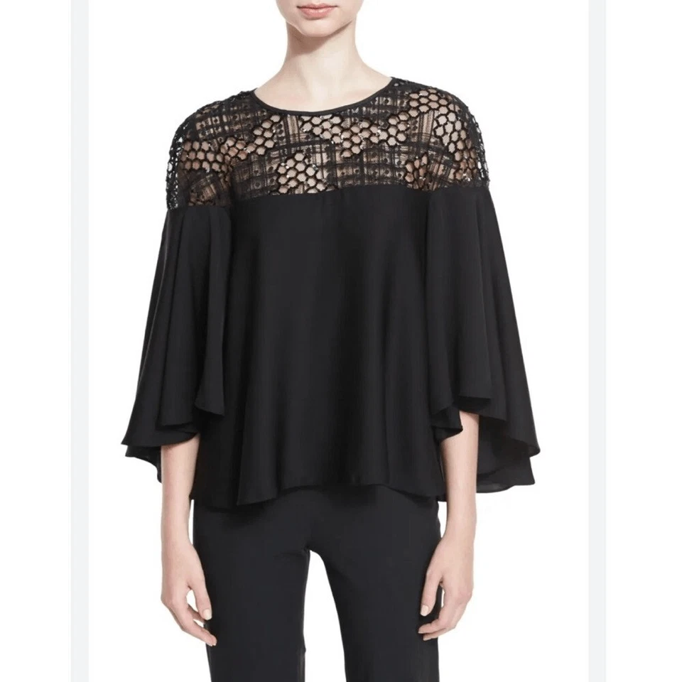 Blusa MILLY Feminina 0 Preta Seda Elástica Lantejoulas Acento Swing Top Camisa - Imagem 2 de 4