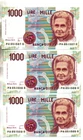 bn 01 1000 LIRE MILLE Montessori Lot Three Consecutive SDS Banknotes 3 Oct 1990