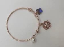 Rose Goldtone Expandable Bracelet Blue Gem Butterfly Compass Pearl dangle