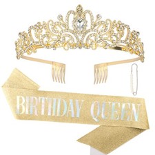 Gold Birthday Crowns for Women Birthday Queen Sash and Tiara for Women Gold B...