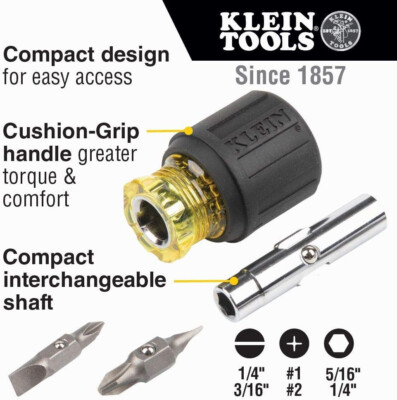 Multi-Bit Screwdriver / Nut Driver, 6-in-1 Stubby Screwdriver with 2 Phillips,