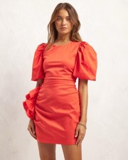 AERE Red  Stretch Sateen Cotton Puff Sleeve Tucked Detail Occasion Mini Dress 14
