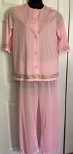 Vtg Pink Nylon 2 Piece Pajama Pant Top Set 36 12 Sans Souci Sparkly Lace Trim