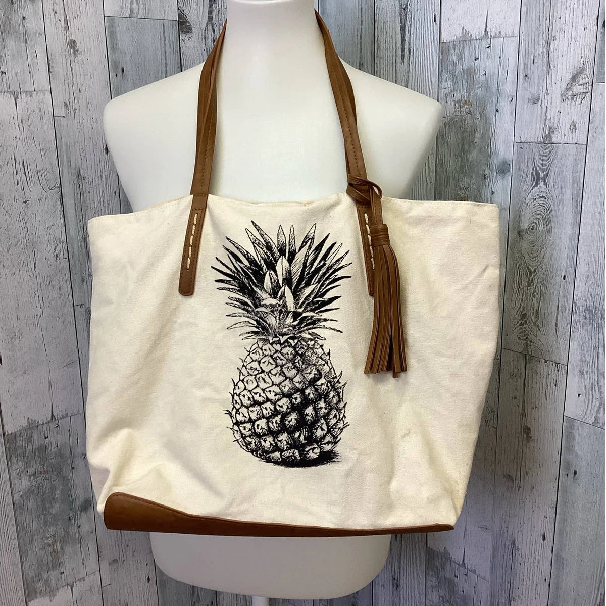 Sonoma Goods for Life Pineapple Canvas Tote Bag Faux Leather Accents Handles