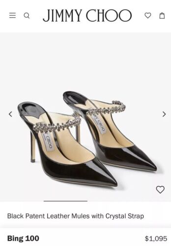 Jimmy Choo Bing 100 mm Black Patent Leather Crystal Strap Embellished Mule