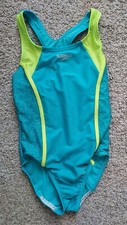 Speedo Girls Small One Piece Blue Neon Yellow Swimsuit Racerback 1593097
