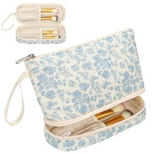 Small Makeup Bag, 2 Layers Travel Make up Organizer Bag with Makeup Brush Hol...
