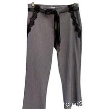 Cache Black Lace Satin Self Belt Gray Bi Stretch Crop Pant New 118 NWT