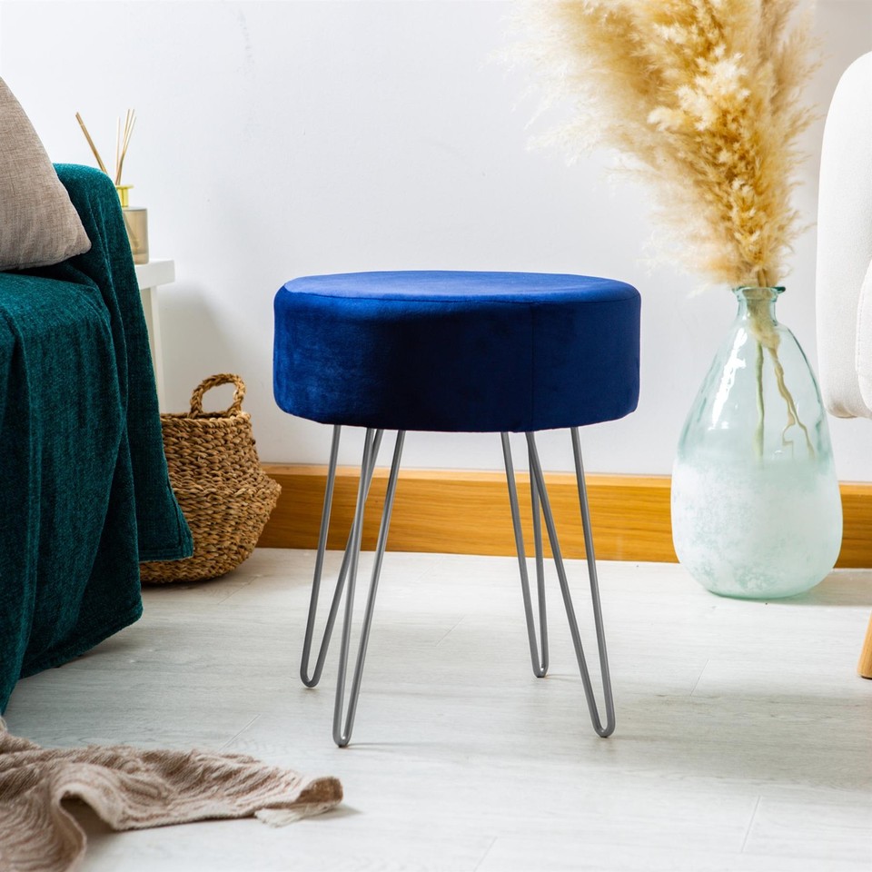 2x Bleu/Argent H40 x D35cm Rond Repose-Pieds en Velours Ottoman Tabouret Pouf