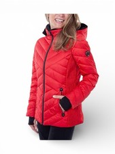 Nautica Jacket Womens Medium Red Quilted Puffer Detachable Hood Water Resistant