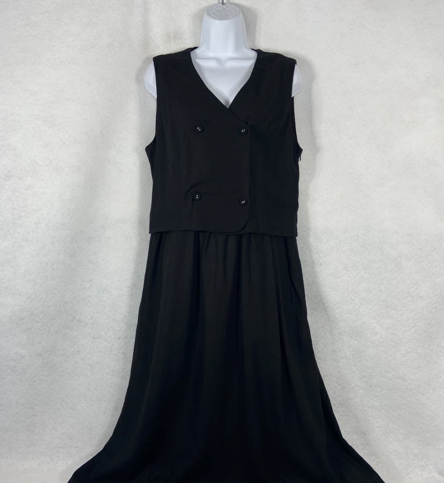 Maxi Vestido Tahari Para Mujer Mediano Negro Calce y Acampanado Doble Pecho Mezcla de Lino Nuevo Sin Etiquetas Foto 3 de 4