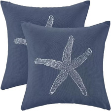 Coastal Pillow Covers 16X16 Inch Set of 2 Navy Blue Starfish Throw