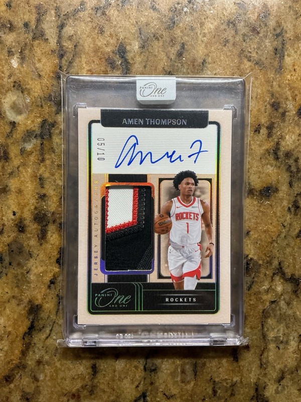 AMEN THOMPSON 2024-25 Panini One and One Encased GAME USED 3-Clr Patch Auto #/10