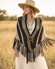 NEW Black Tan Cream Hand Knitted Shawl Wrap Scarf Boho Hippie Indie Artsy Earthy