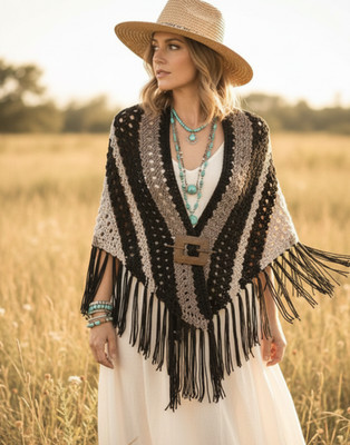 NEW Black Tan Cream Hand Knitted Shawl Wrap Scarf Boho Hippie Indie Artsy Earthy