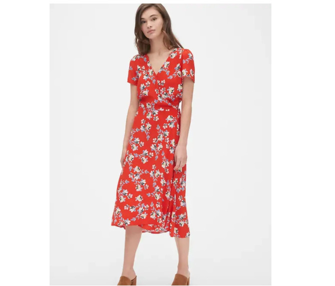 Gap Women’s S Red Floral Print Wrap Midi Dress Short Sleeve Sundress Colorful