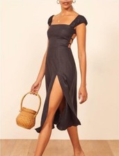 NWT Reformation Silva Linen Midi Dress Black Strappy Back 0 Square Neck XS
