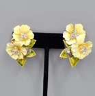 Vintage Yellow Enamel Flowers Rhinestone Clip on Gold tone Drop Earrings 1.5"