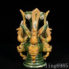 9"Tang Dynasty Tang Sancai Porcelain Phoenix Candle Holder Candlestick Statue