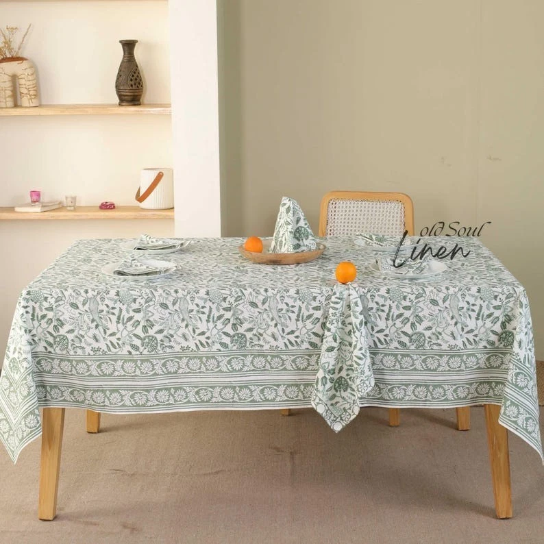 Floral Boho Block Printed Cotton Tablecloth Kitchen Dining Room Table Cover - Image 2 of 4