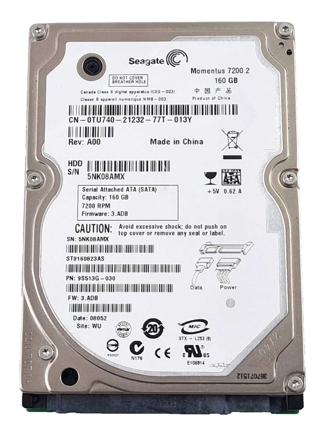 160GB SATA 2.5"" 9.5mm 7200RPM 3Gb/s HDD - ST9160823AS