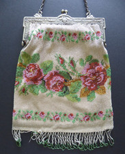 Vintage Micro Beaded Roses Flower 2 sided Purse Evening handbag