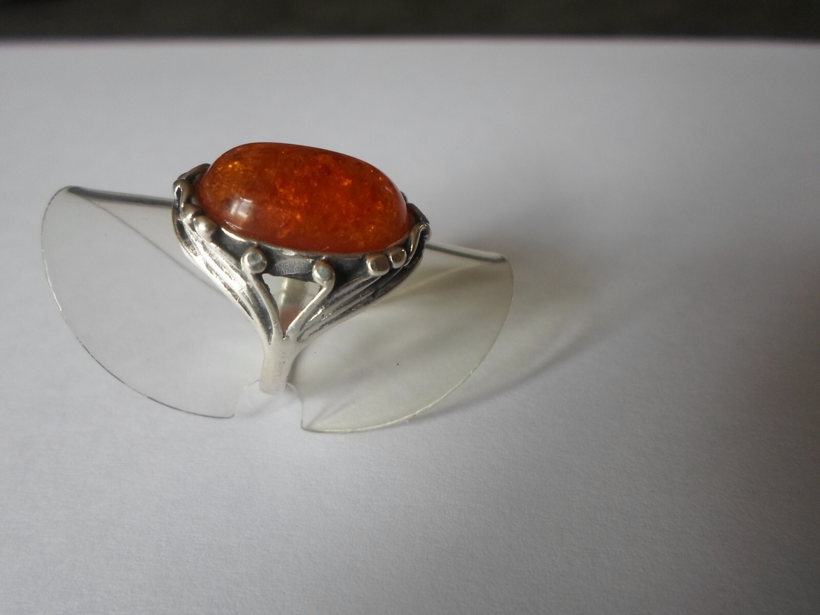 solid silver ring, amber cabochon, openwork sides… - image 8